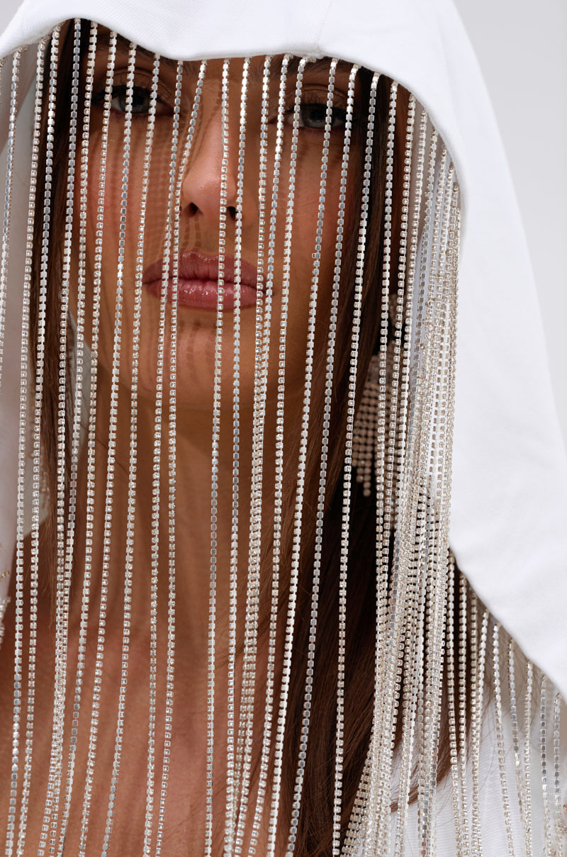 DRIPPY RHINESTONE FRINGE BLAZER IN WHITE