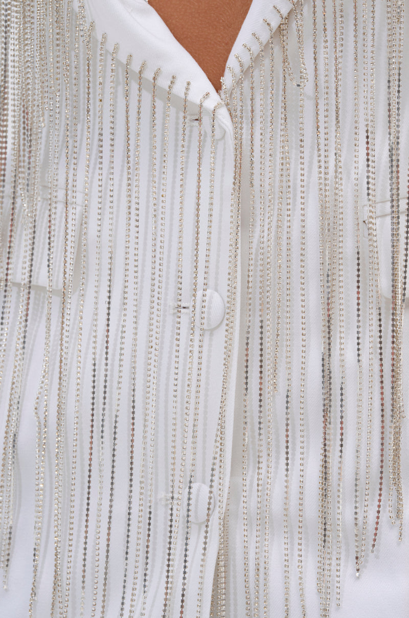 DRIPPY RHINESTONE FRINGE BLAZER IN WHITE