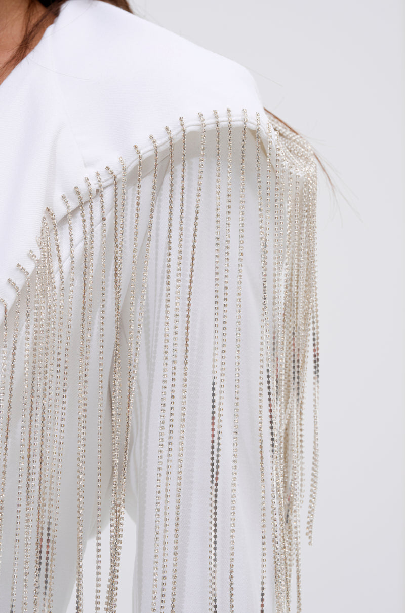 DRIPPY RHINESTONE FRINGE BLAZER IN WHITE