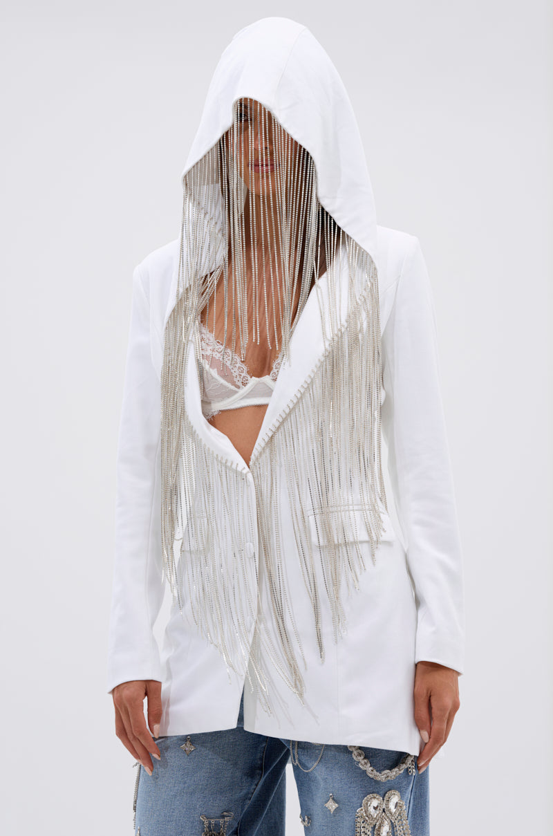 DRIPPY RHINESTONE FRINGE BLAZER IN WHITE