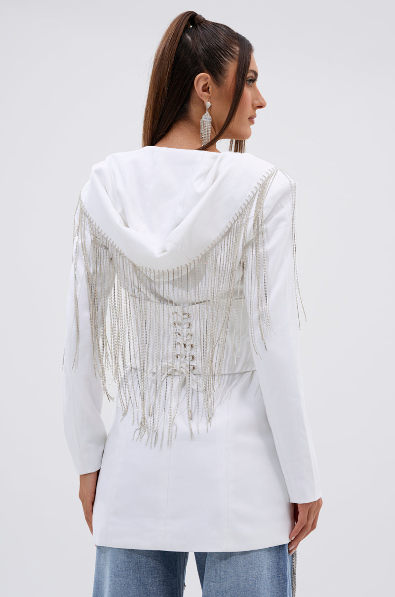 DRIPPY RHINESTONE FRINGE BLAZER IN WHITE