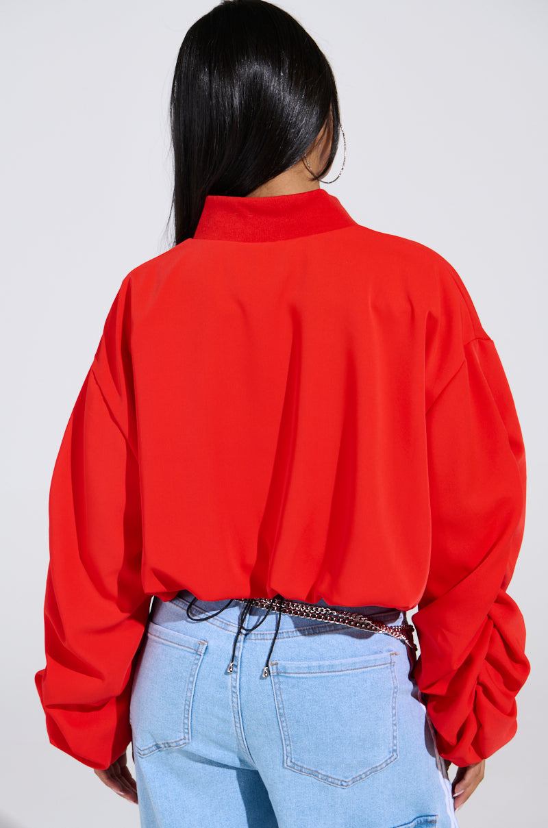 TREY RUCHED SLEEVE BOMBER IN RED