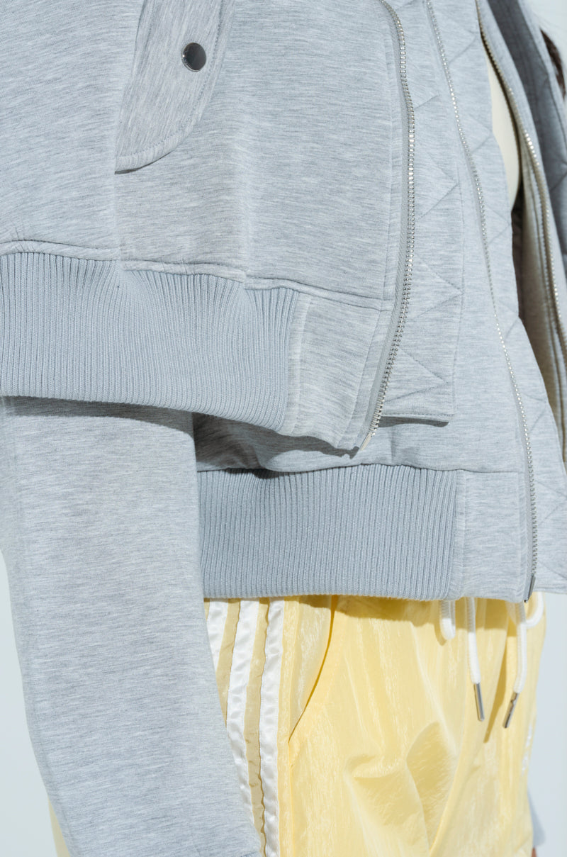 LYNX LAYERED BOMBER JACKET IN HEATHER GREY