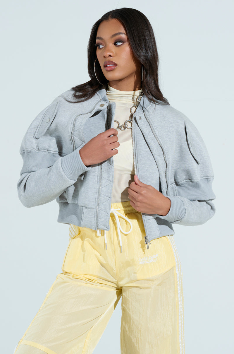 LYNX LAYERED BOMBER JACKET IN HEATHER GREY