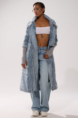 VORTEX DENIM TRENCH COAT IN BLUE