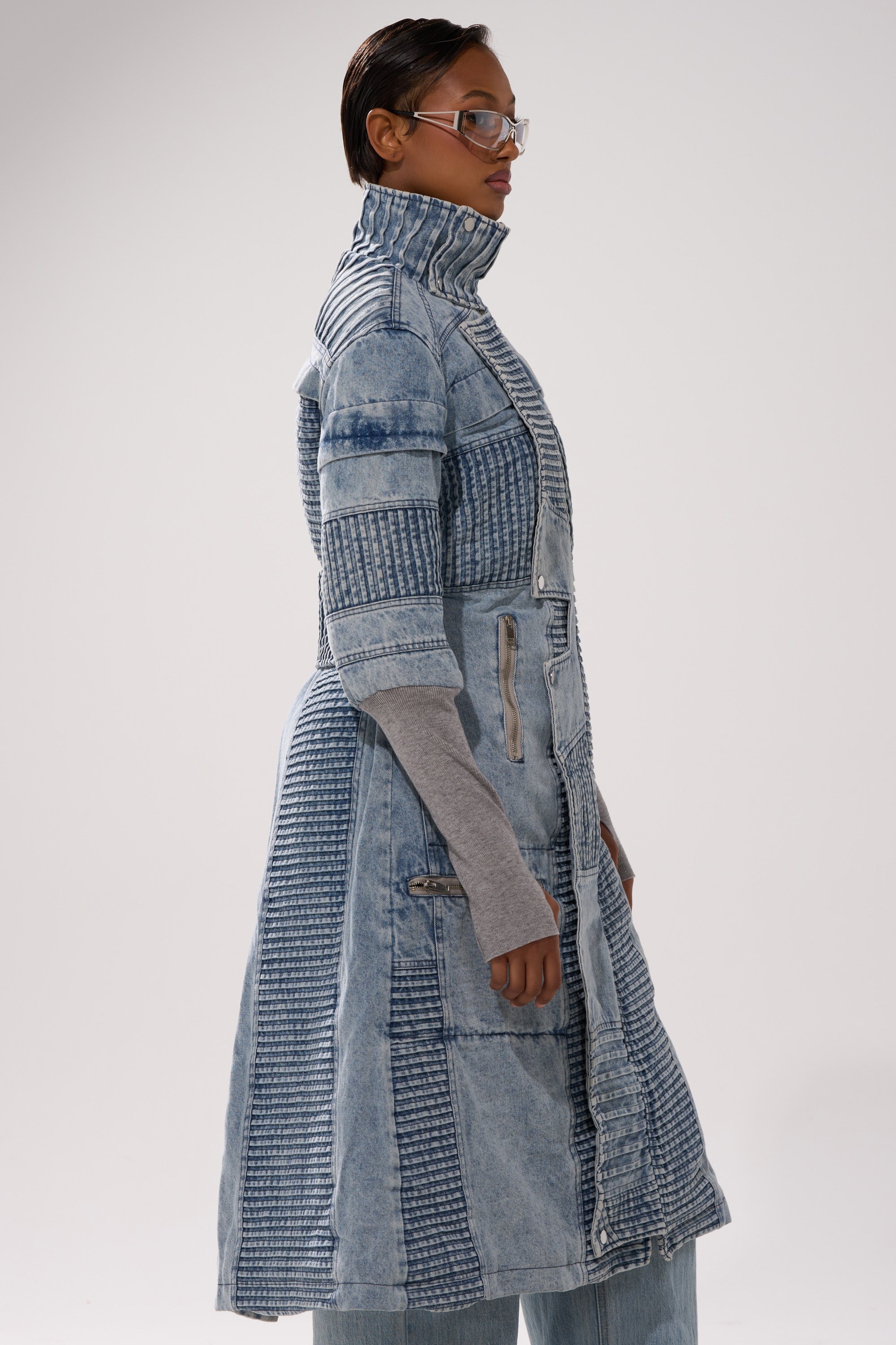 VORTEX DENIM TRENCH COAT IN BLUE