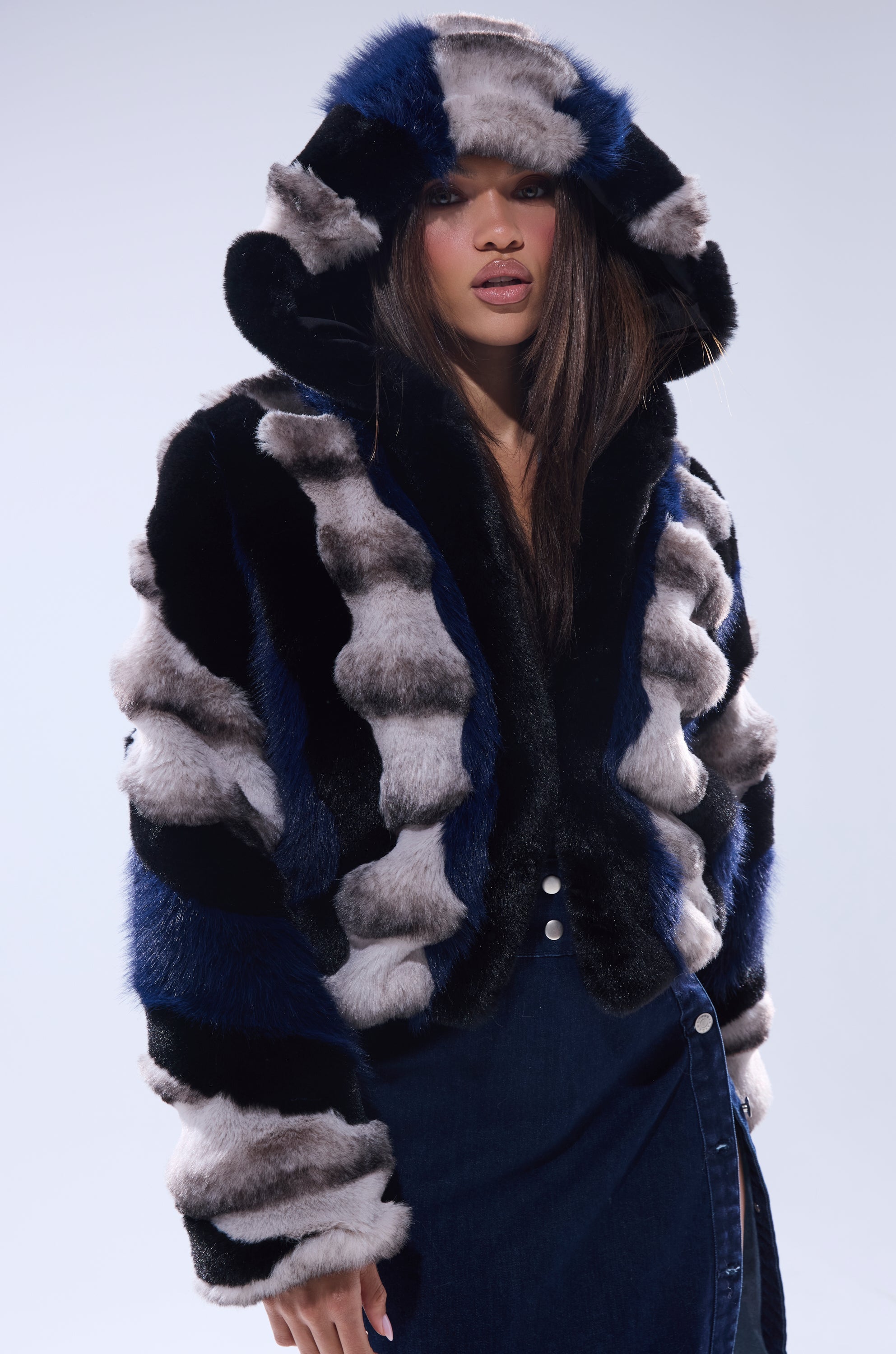 SUPERNOVA PANELED FAUX FUR IN BLUE MULTI