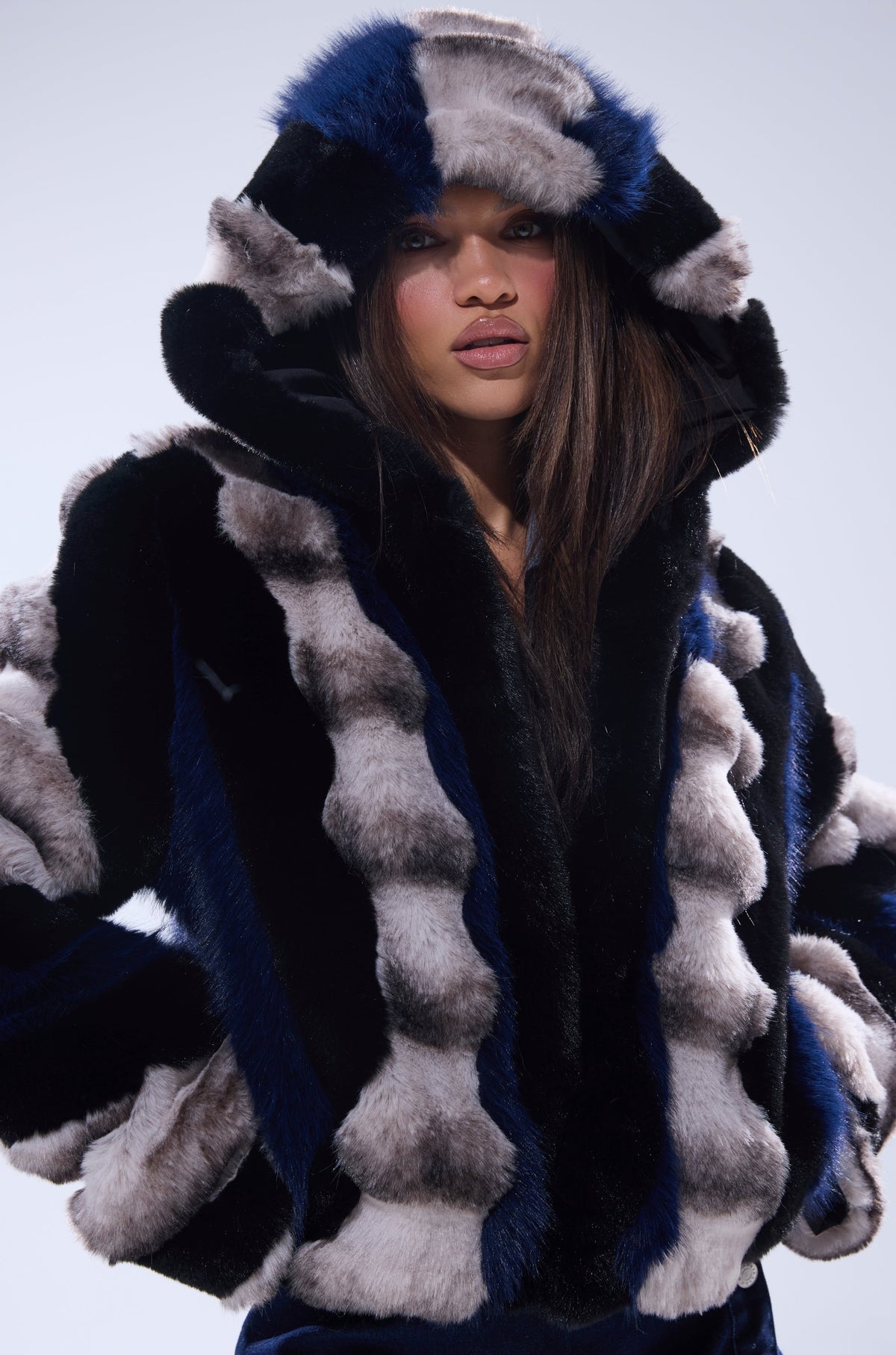 SUPERNOVA PANELED FAUX FUR IN BLUE MULTI