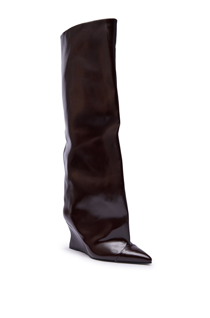 AZALEA WANG KENYA BROWN KNEE HIGH WEDGE BOOT