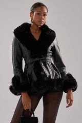 KENZY FUR TRIM PEPLUM MOTO IN BLACK