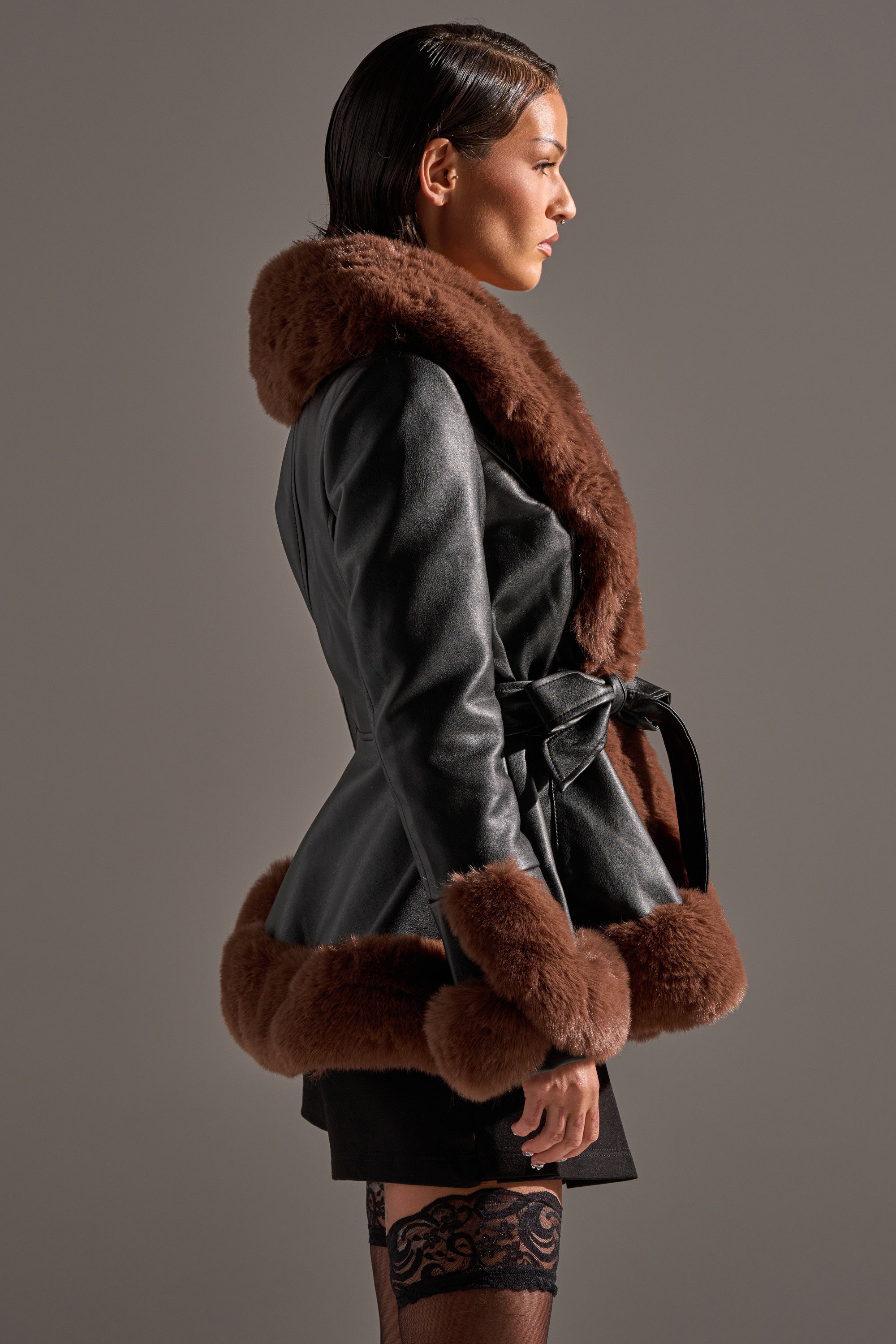 KENZY FUR TRIM PEPLUM MOTO IN BLACK BROWN