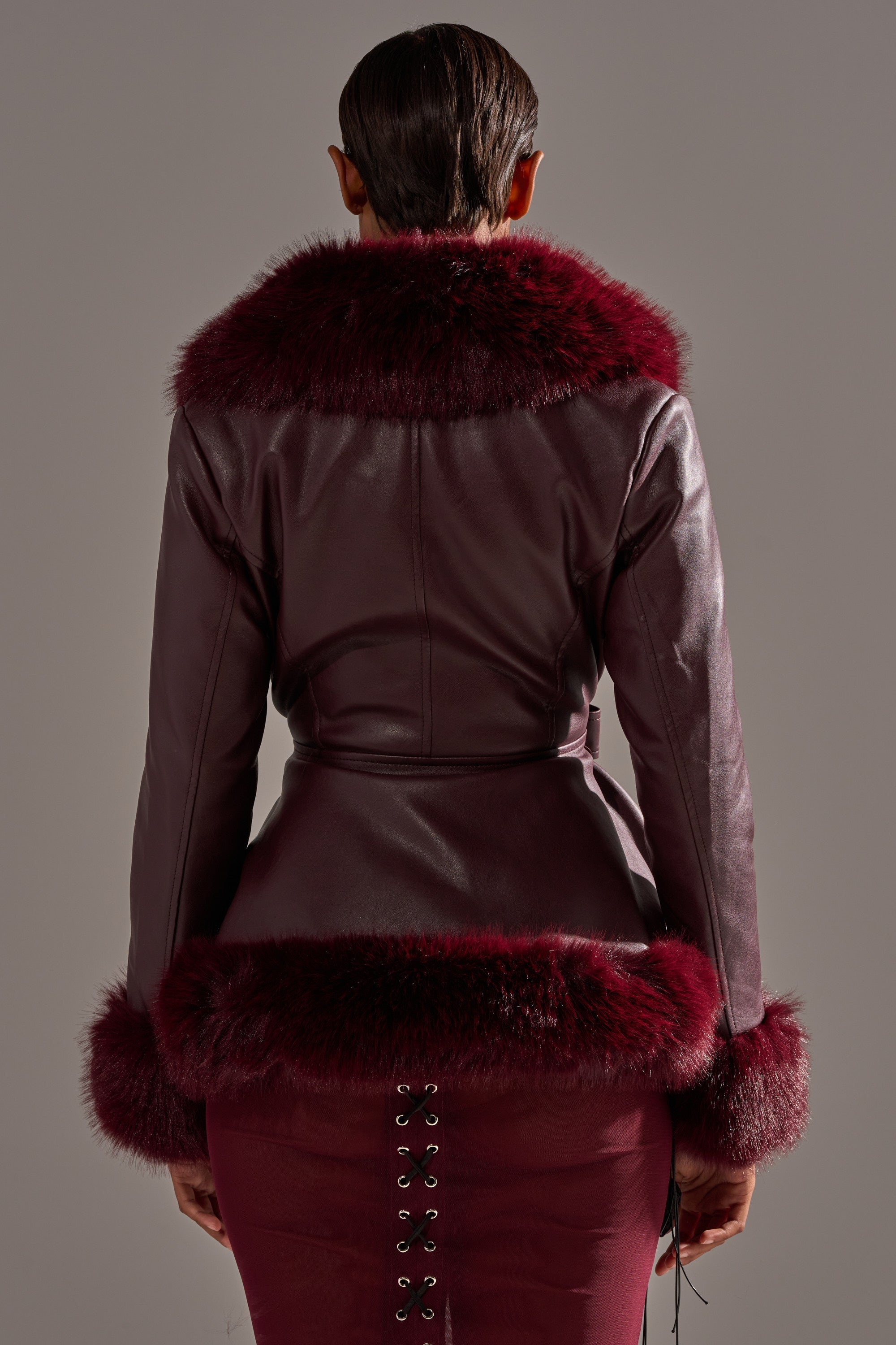 KENZY FUR TRIM MOTO IN BURGUNDY