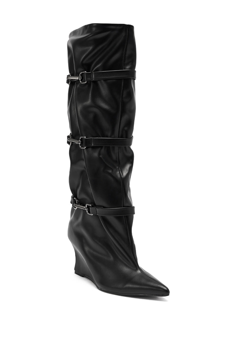 AZALEA WANG KULLERVO BLACK SILVER CLASP DETAIL WEDGE BOOT