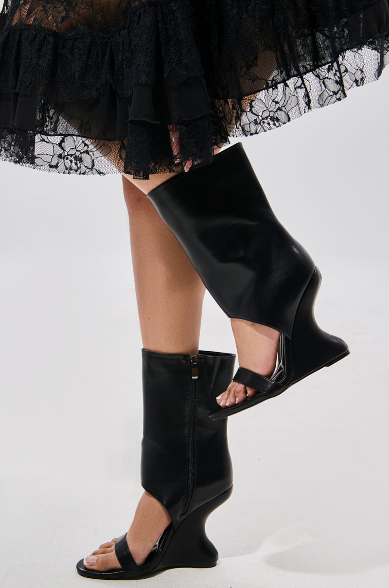 AZALEA WANG KYVEKI BLACK WEDGE OPEN TOE BOOTIE