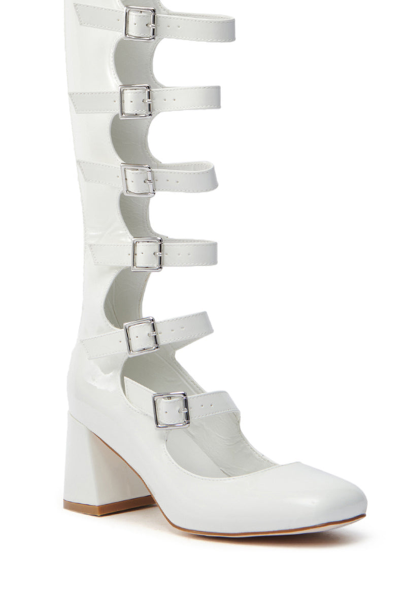 AZALEA WANG LAIMA WHITE PATENT CHUNKY BUCKLE BOOT