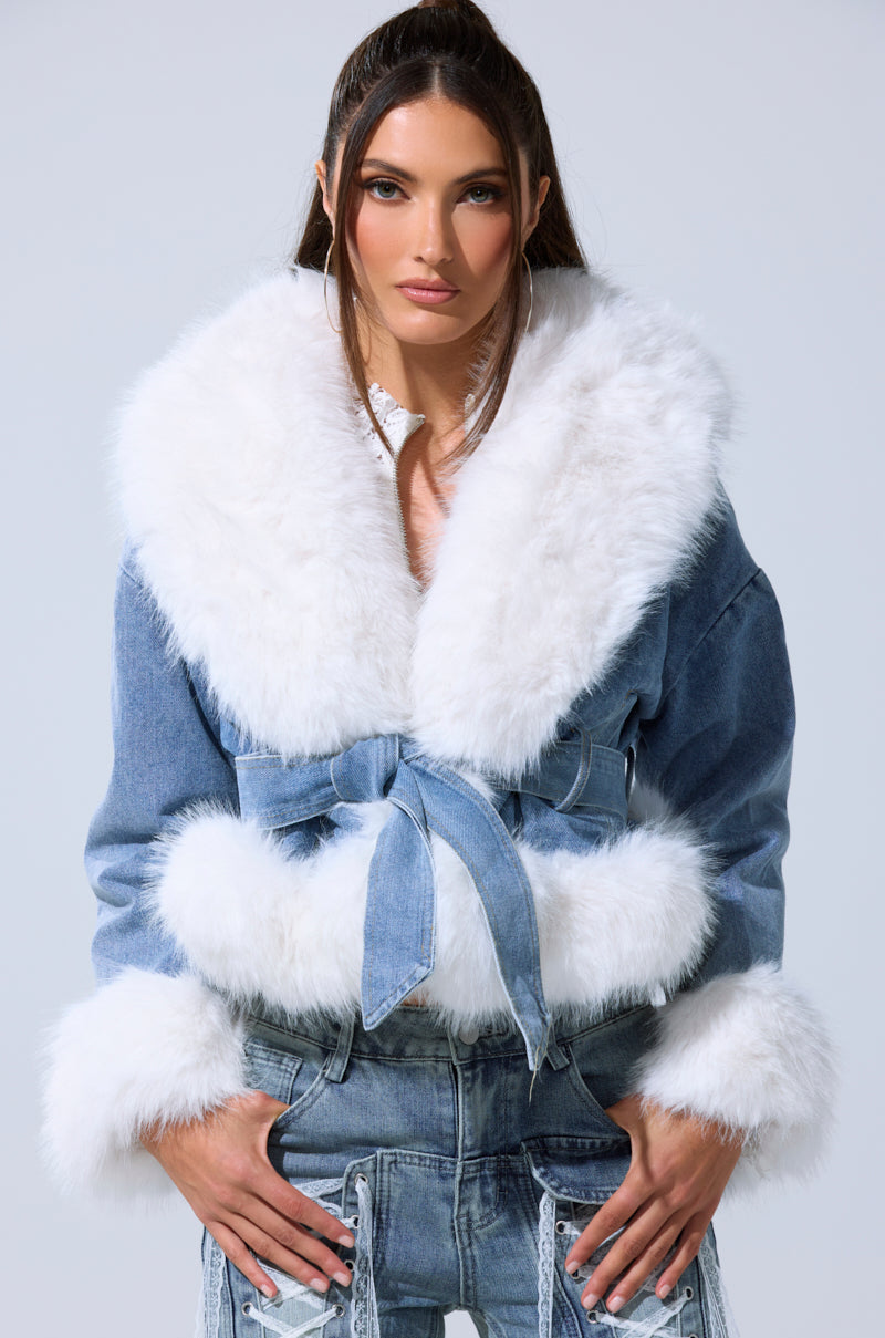 LAINEY FUR TRIM DENIM MOTO