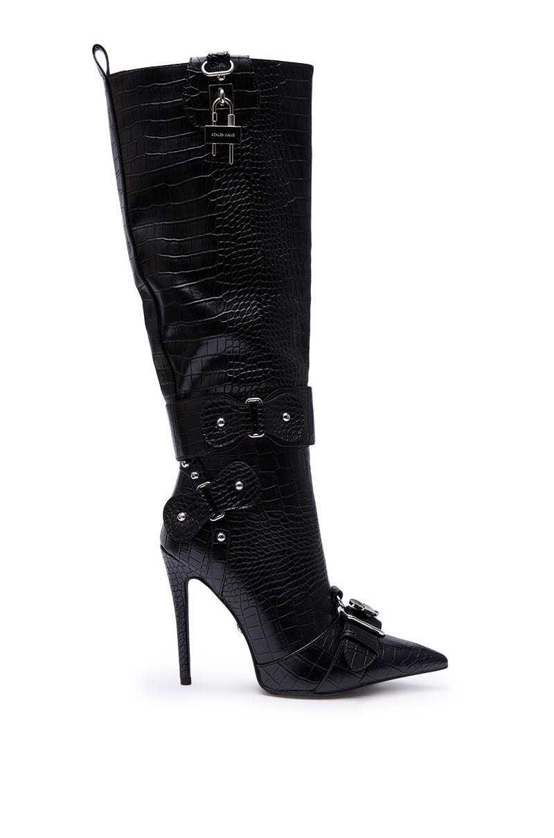 AZALEA WANG LAPIS BLACK SNAKE STILETTO BOOT