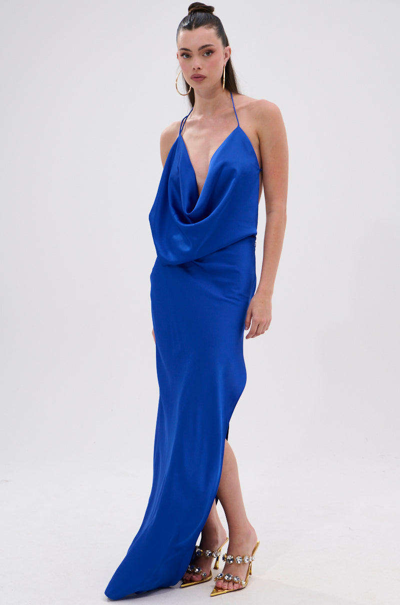 RAYNA SATIN MAXI DRESS IN COBALT BLUE