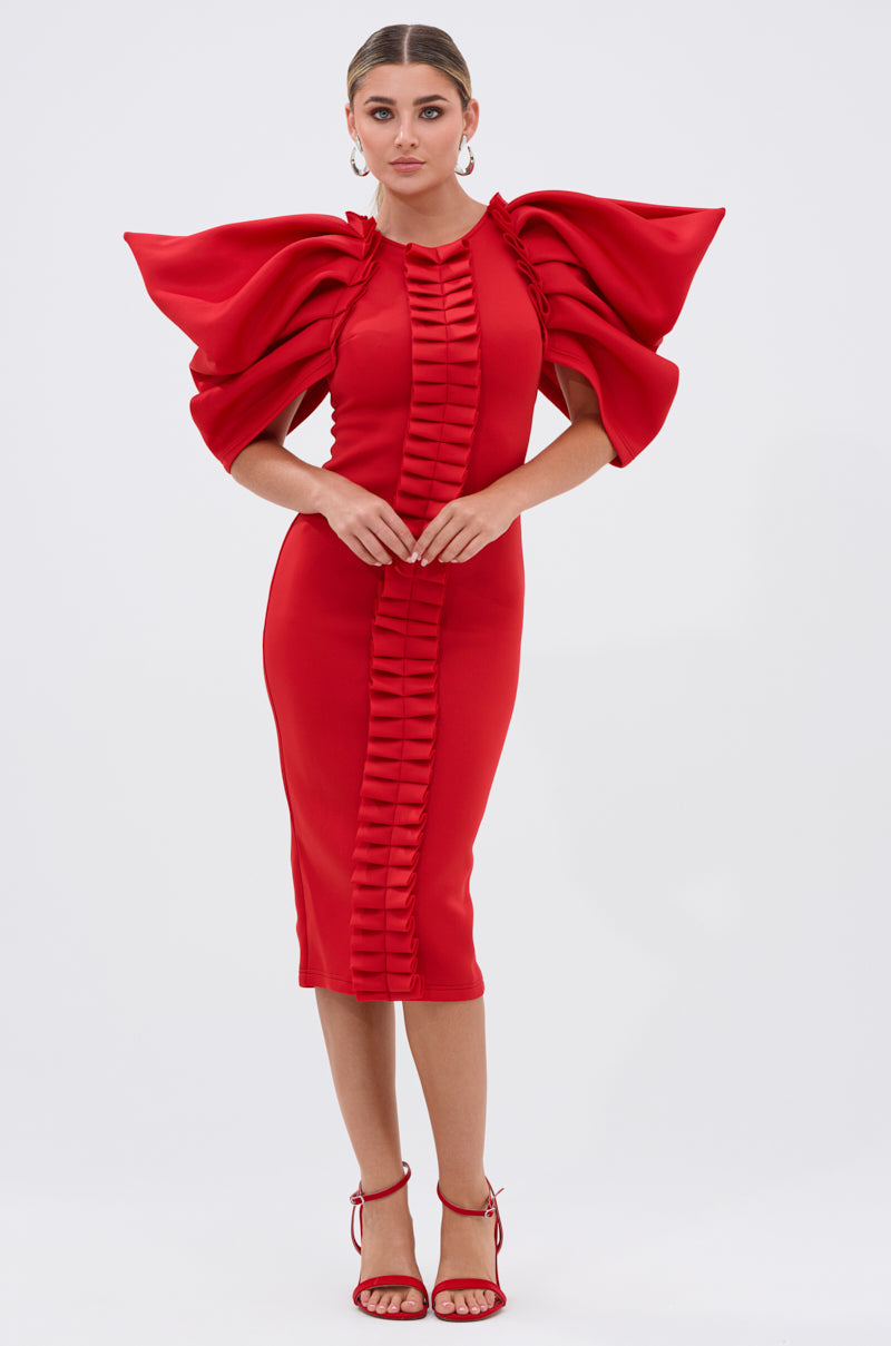 PURE JOY MIDI DRESS WITH DRAMATIC SLEEVE IN RED