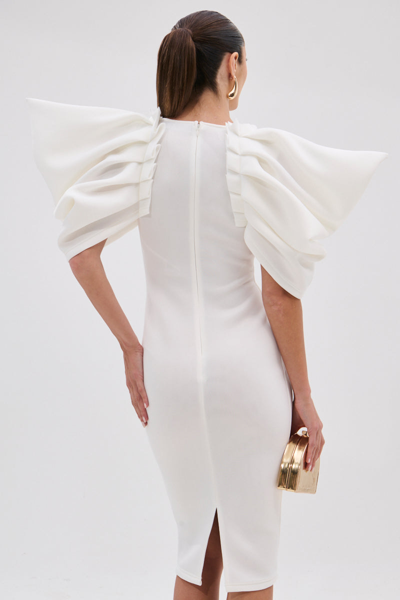 PURE JOY MIDI DRESS WITH DRAMATIC SLEEVE IN WHITE