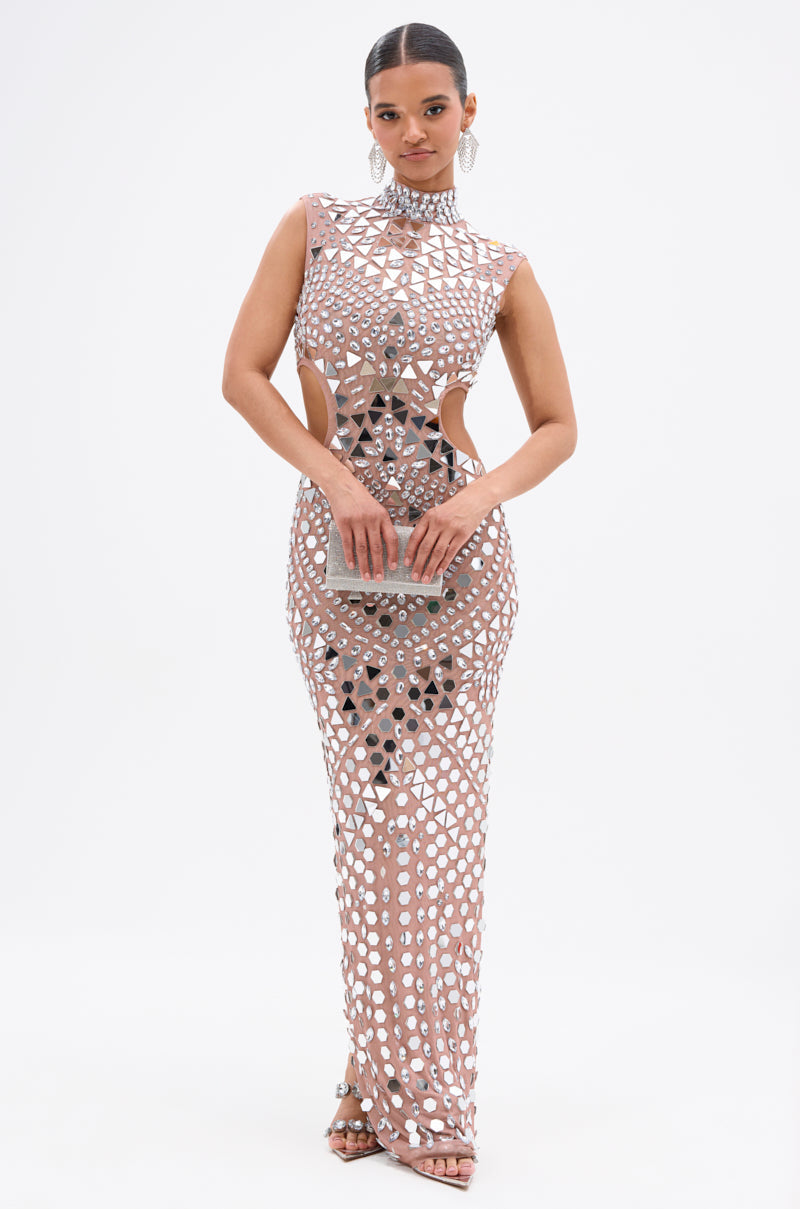 QUEEN OF EVERYTHING MIRRORED MAXI DRESS IN SILVER