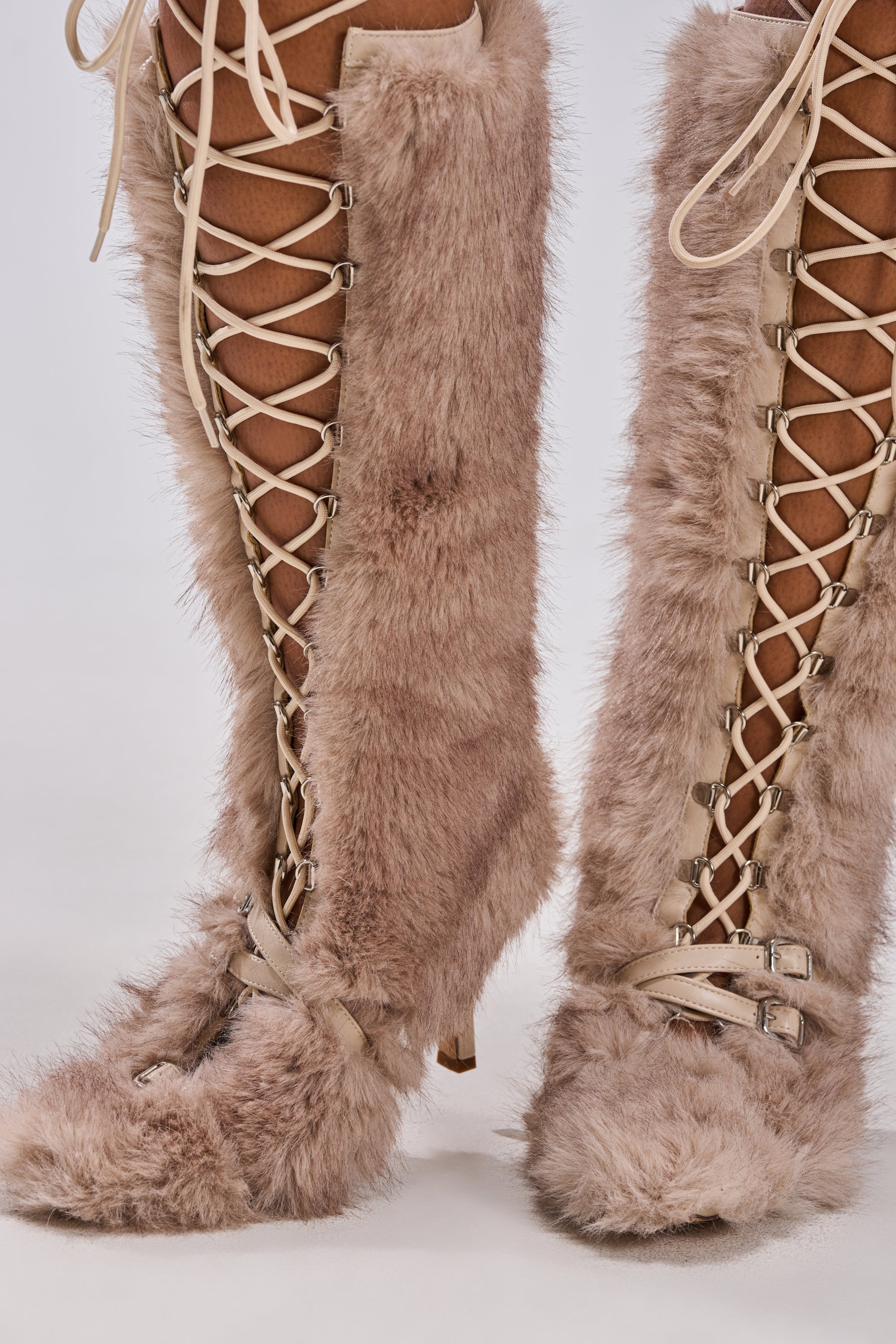AZALEA WANG LOURDANNE IVORY FUR LACE UP BOOT