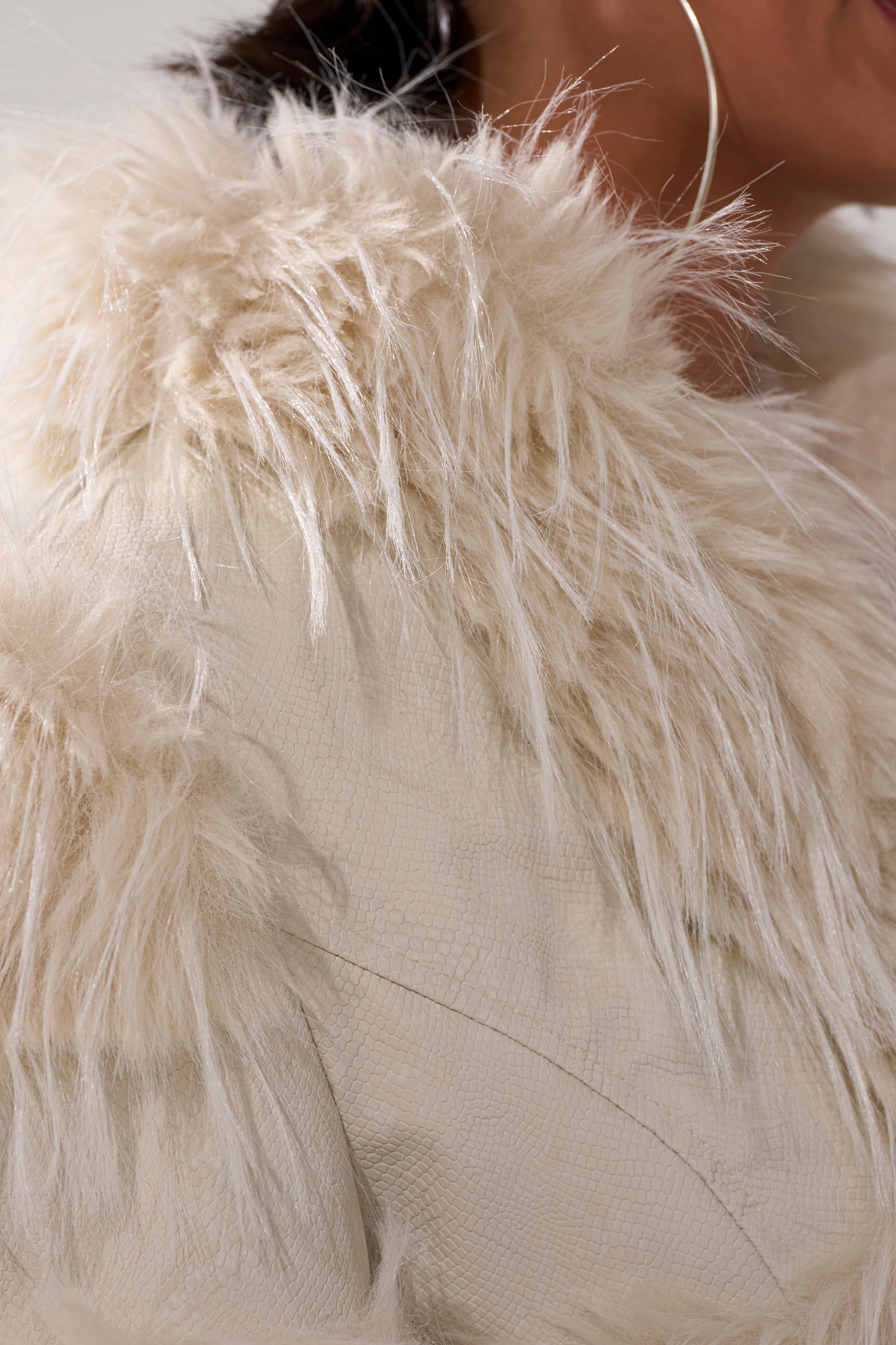 LOVERGIRL ULTRA CROP FUR TRIM MOTO IN IVORY