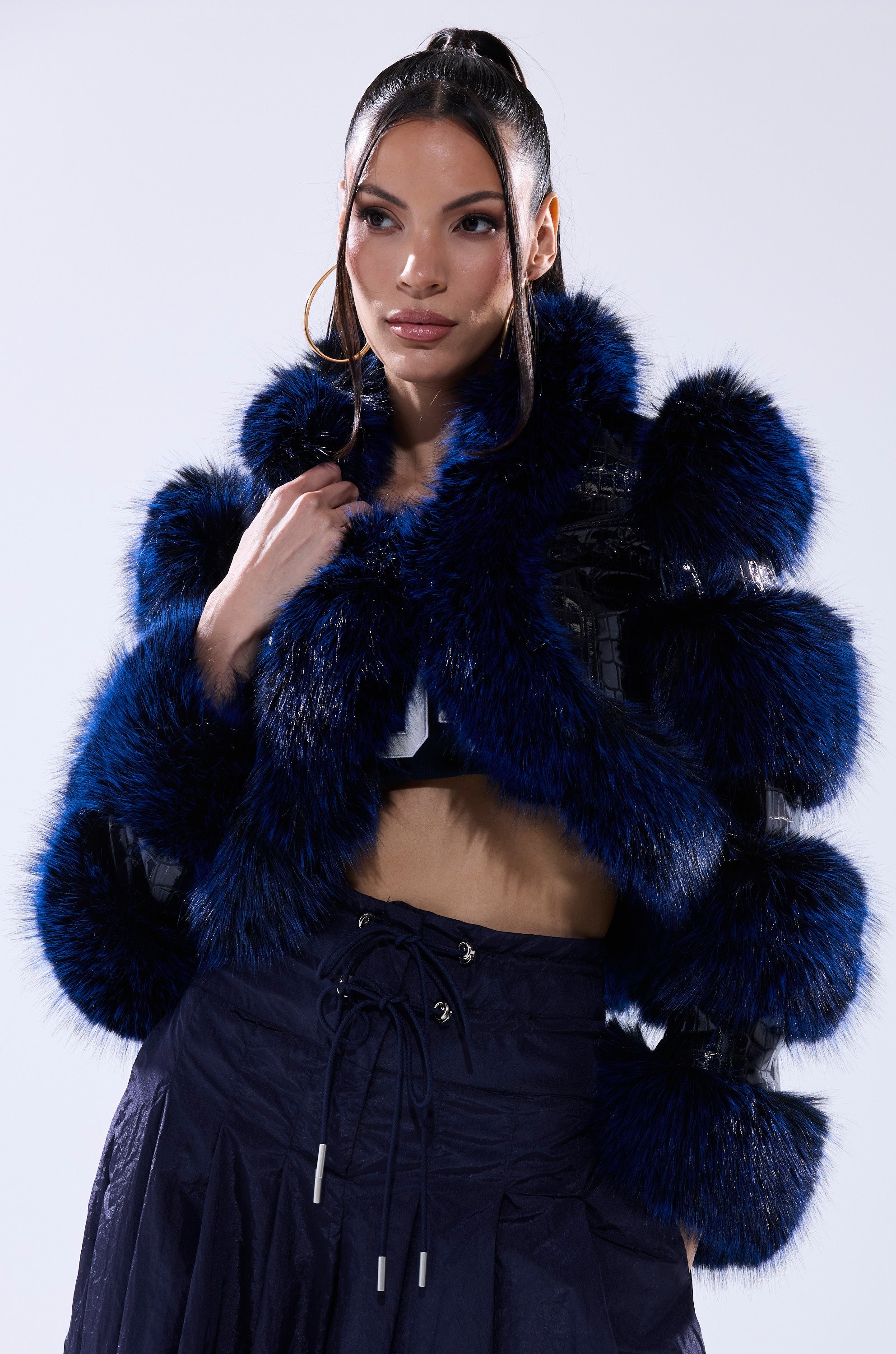 LOVERBOY FUR TRIM MOTO IN NAVY CROC