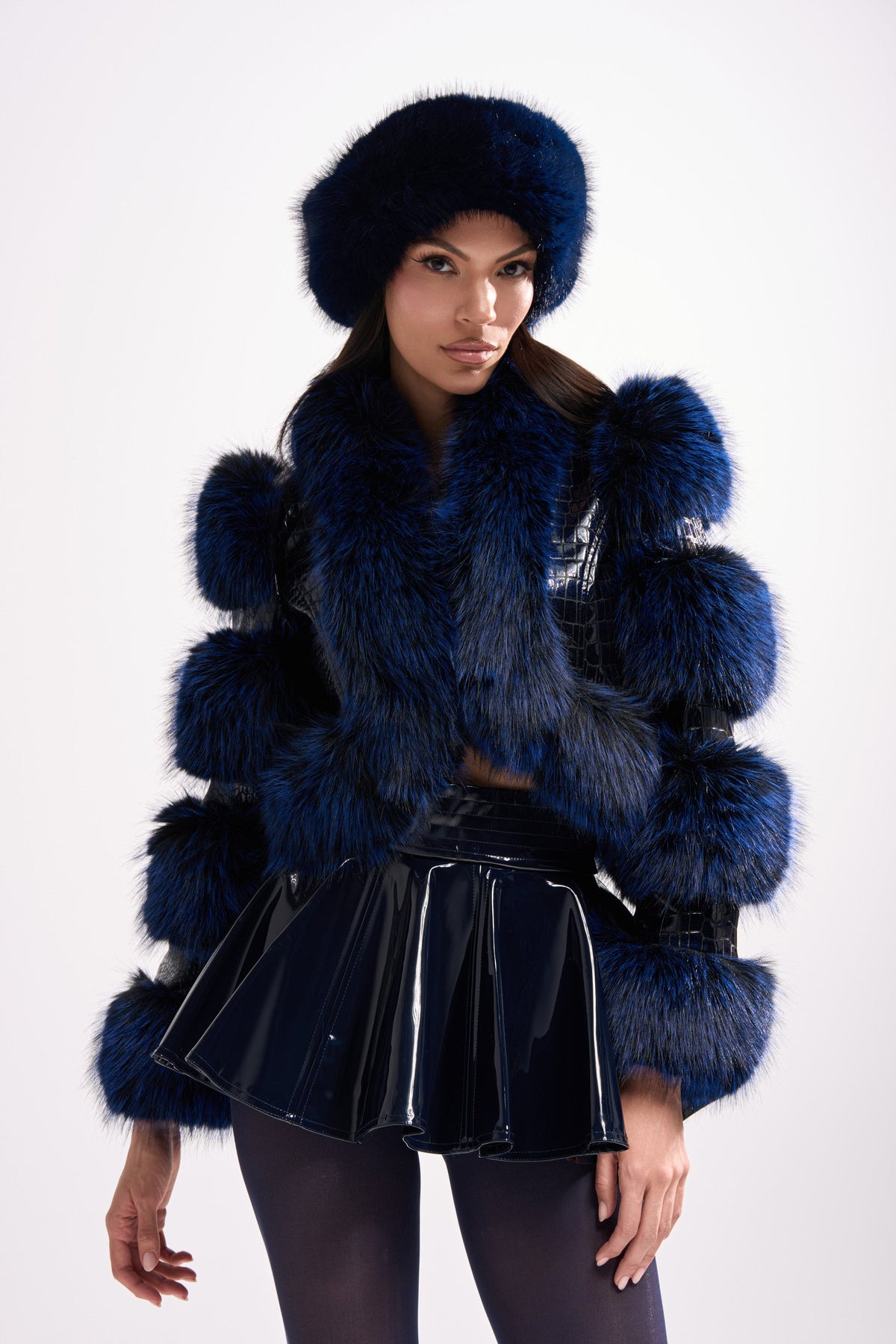 LOVERBOY FUR TRIM MOTO IN NAVY CROC