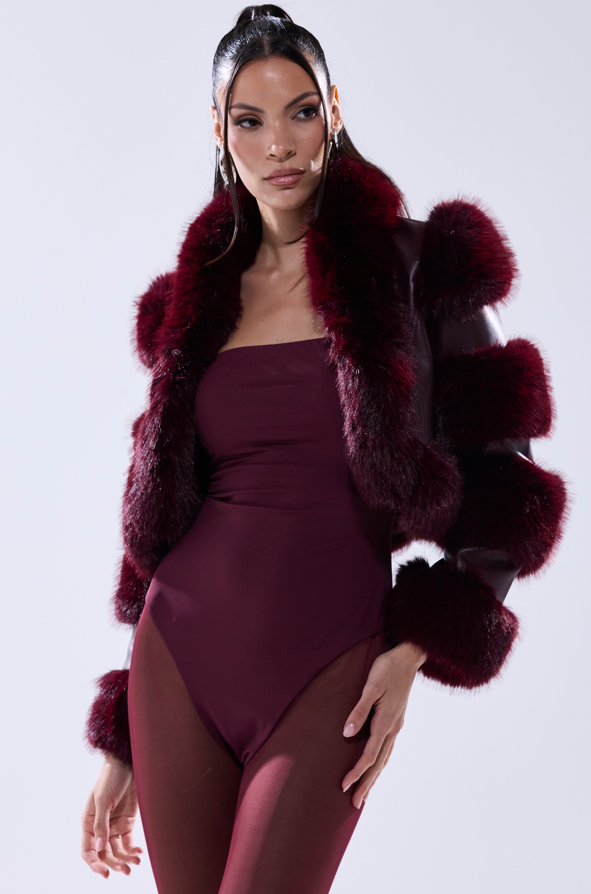 LOVERBOY FAUX FUR MOTO JACKET IN BURGUNDY
