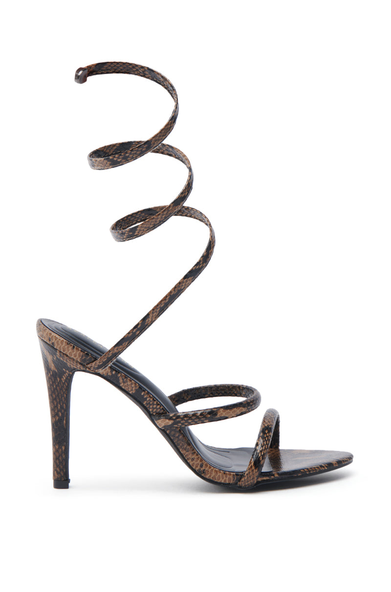 AKIRA LOWRI BROWN SNAKE SPIRAL STILETTO SANDAL