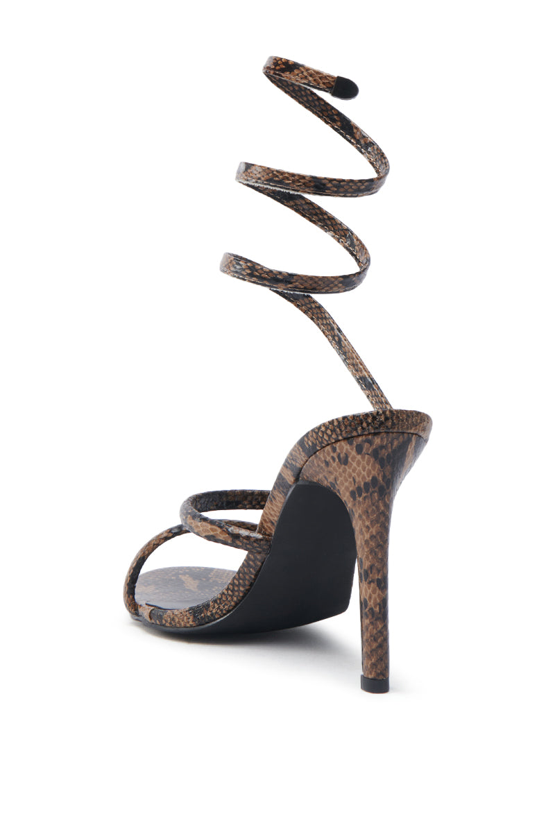 AKIRA LOWRI BROWN SNAKE SPIRAL STILETTO SANDAL