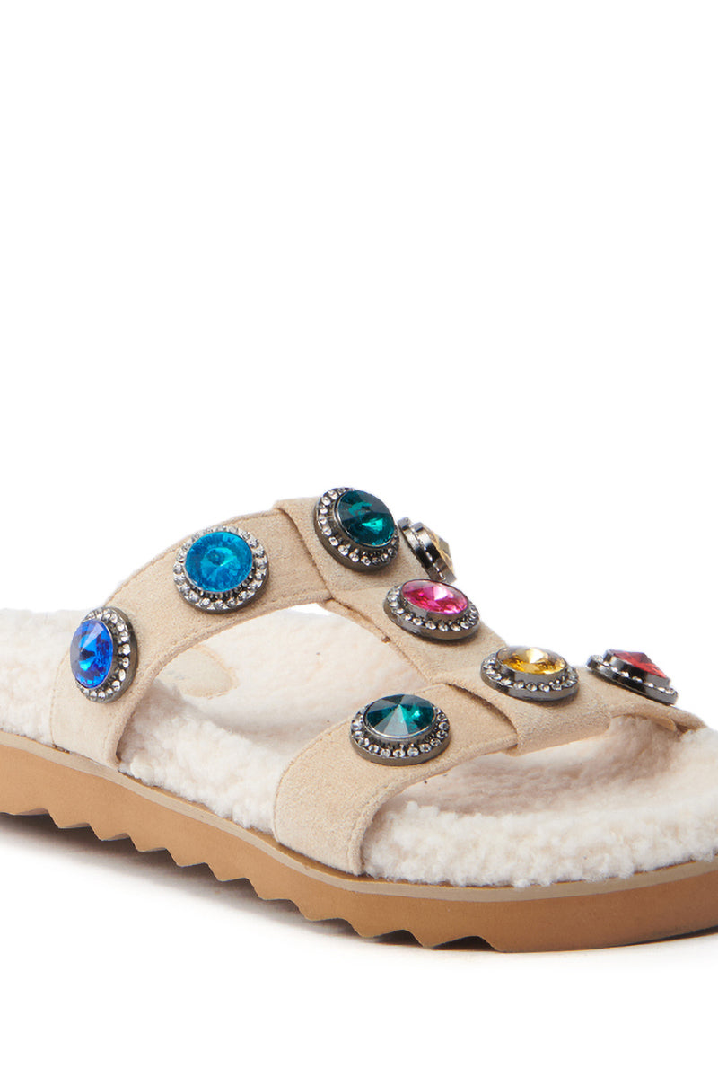 AZALEA WANG LUCIENA BEIGE RHINESTONE AND SHERPA SANDAL