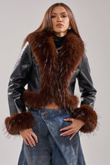 LUNNA FUR TRIM MOTO IN BLACK CROC