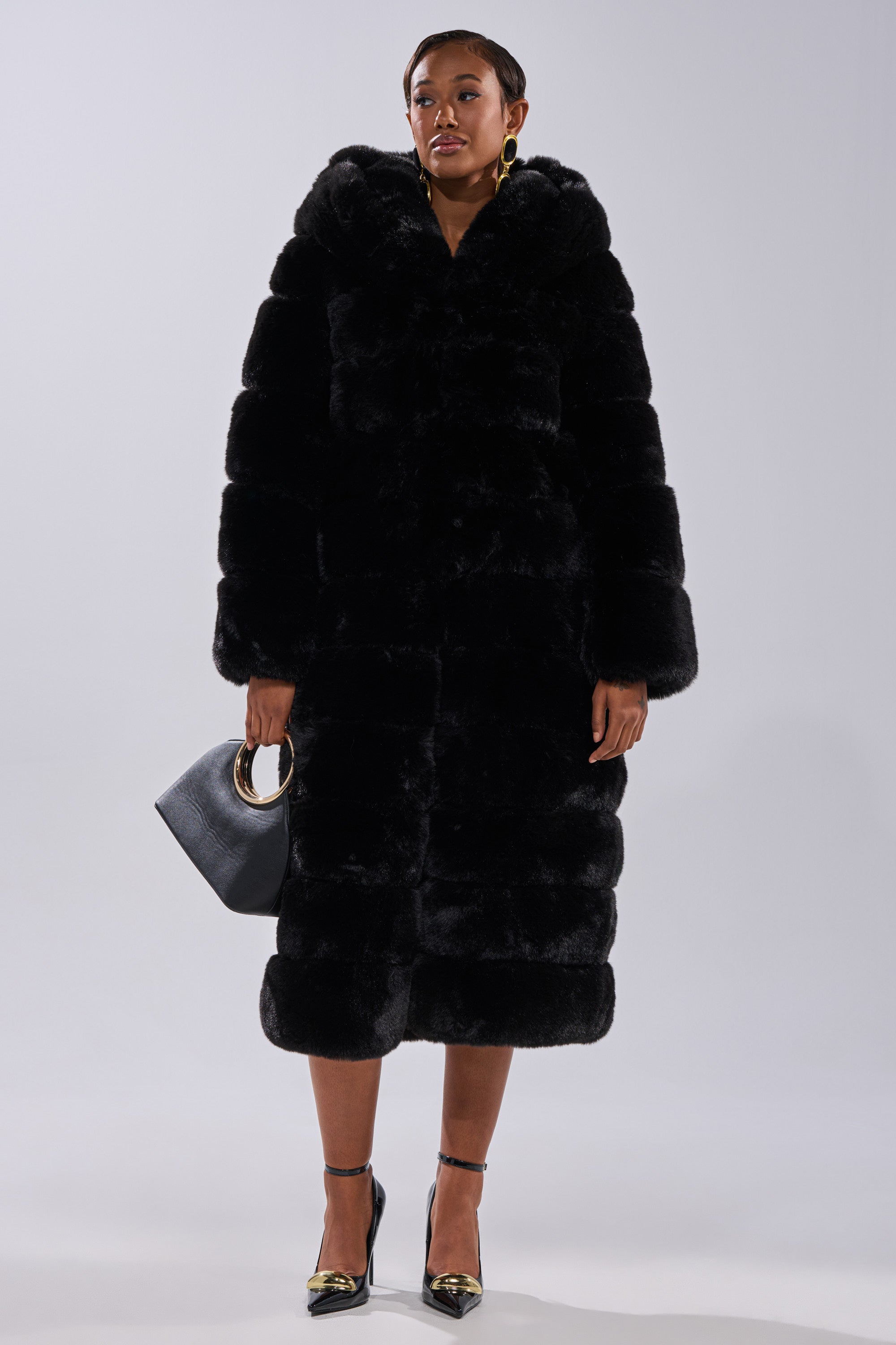 FAUX FUR PANEL HOODED TRENCH IN BLACK