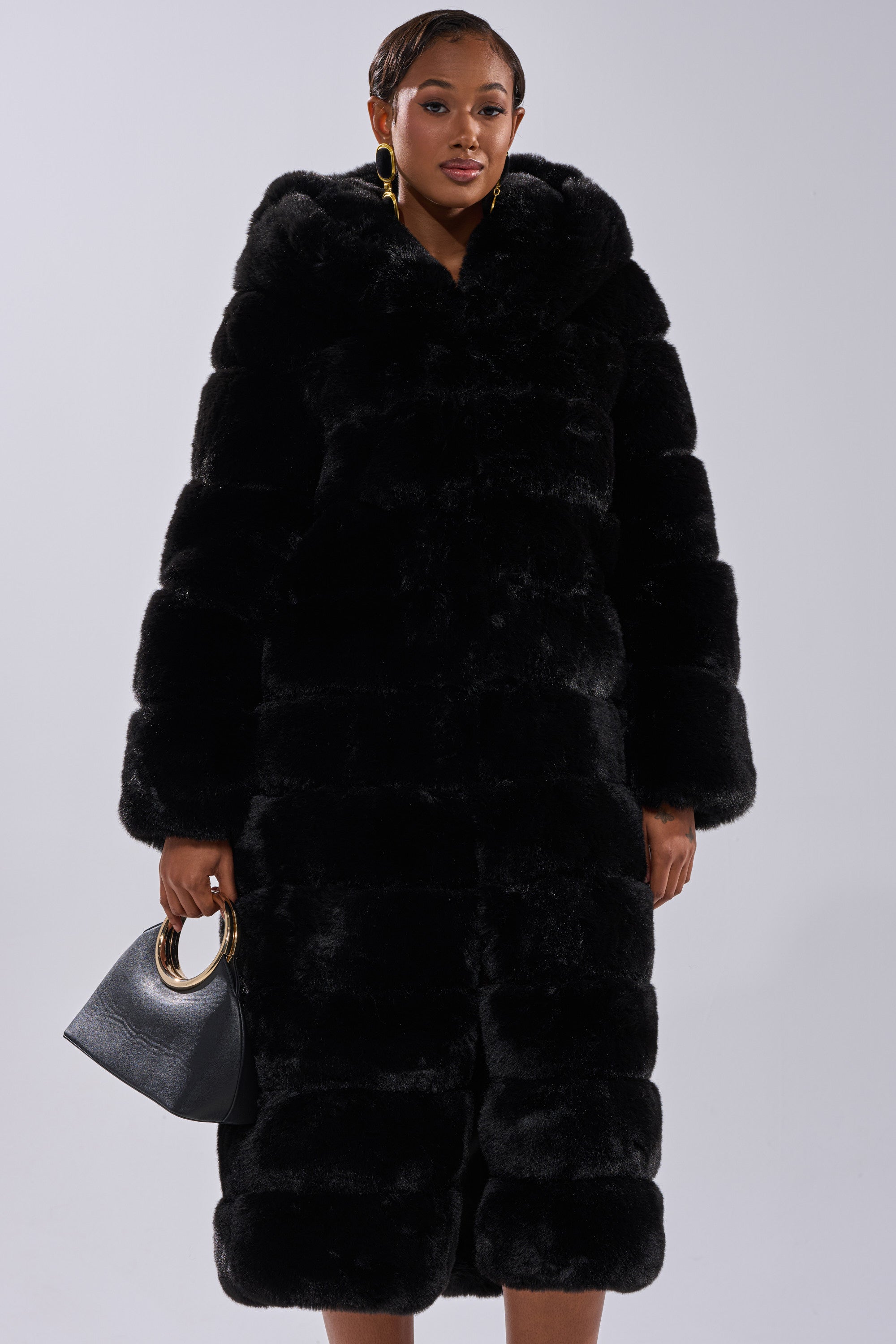 FAUX FUR PANEL HOODED TRENCH IN BLACK