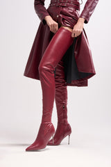 AZALEA WANG MILANDRA BURGUNDY STRETCH PU THIGH HIGH BOOT