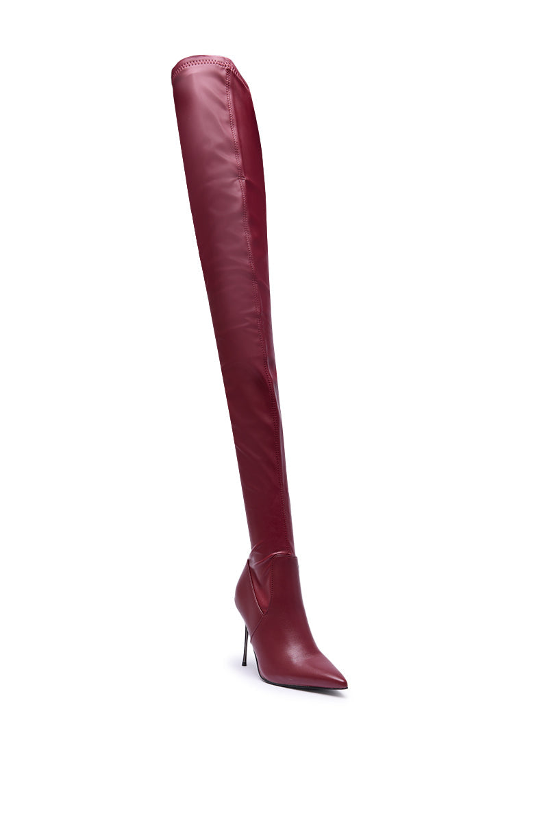 AZALEA WANG MILANDRA BURGUNDY STRETCH PU THIGH HIGH BOOT