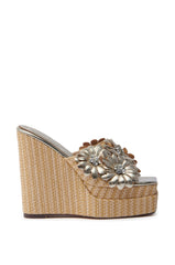 AZALEA WANG MONYA BEIGE FLORAL EMBELLISHED WEDGE SANDAL