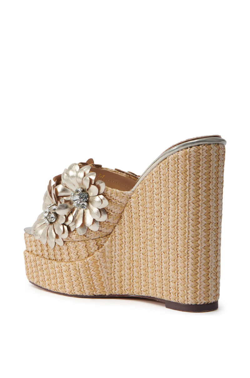 AZALEA WANG MONYA BEIGE FLORAL EMBELLISHED WEDGE SANDAL
