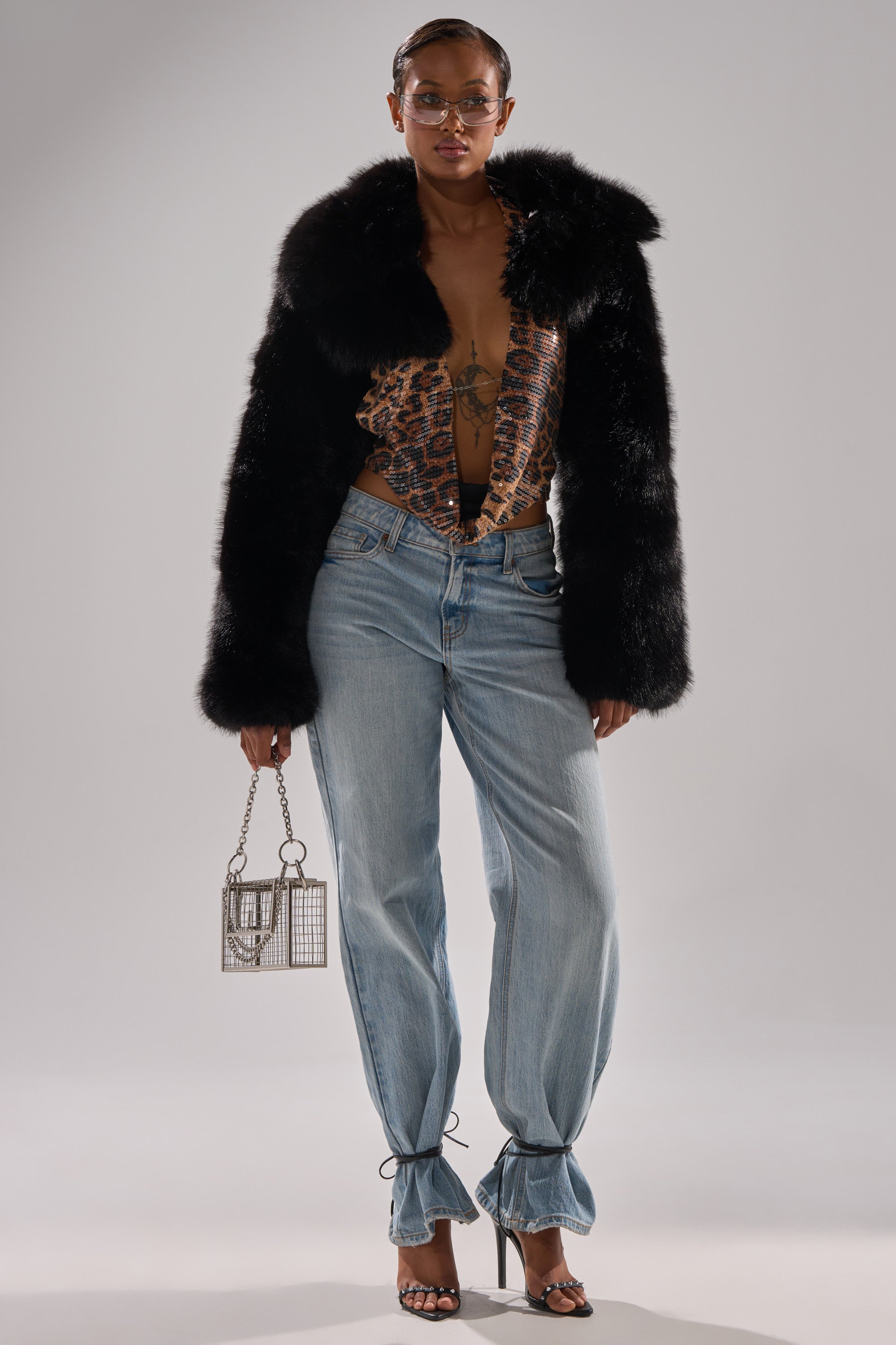LEILA ULTRA CROP FAUX FUR IN BLACK