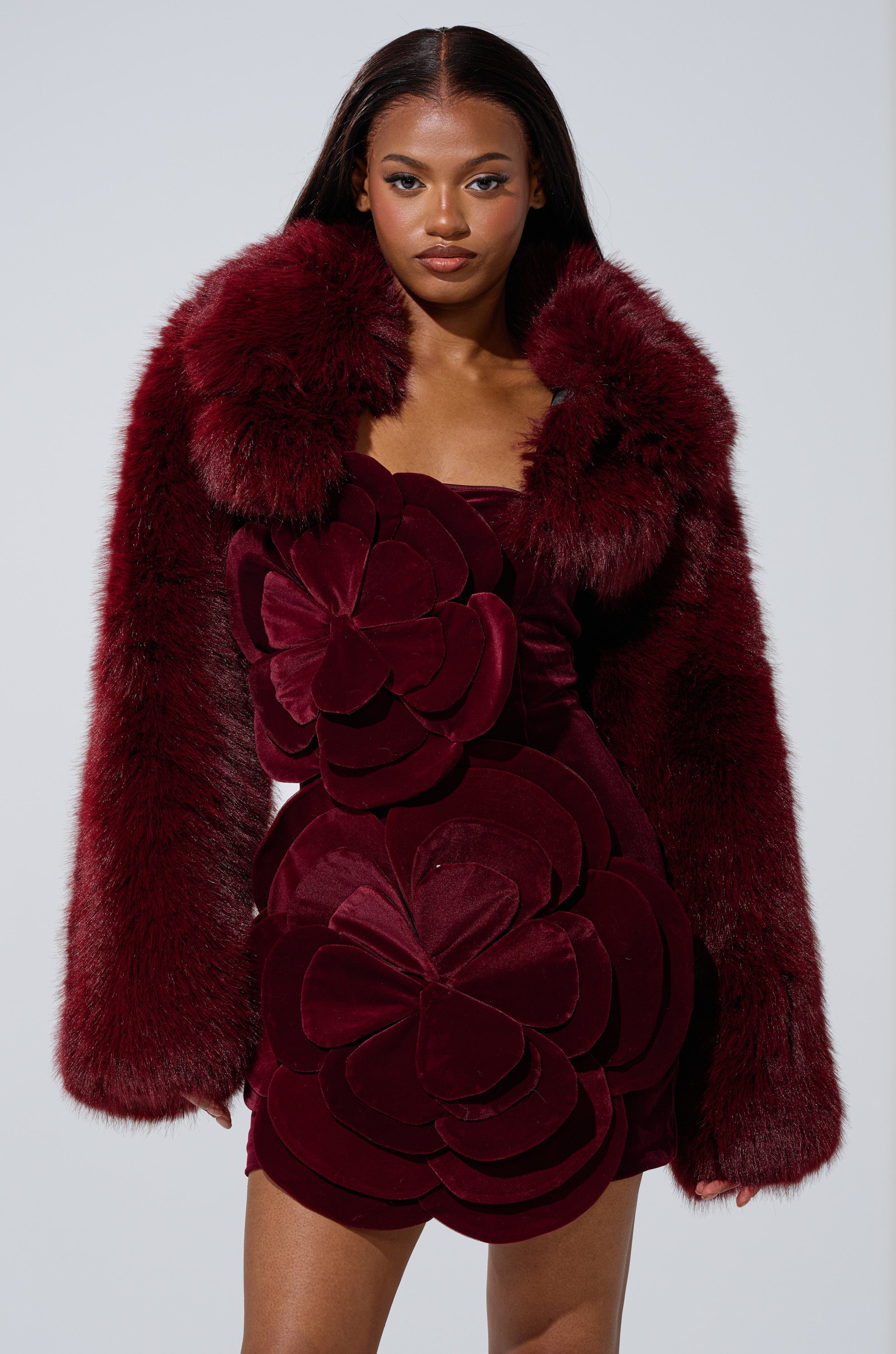 LEILA ULTRA CROP FAUX FUR IN BURGUNDY