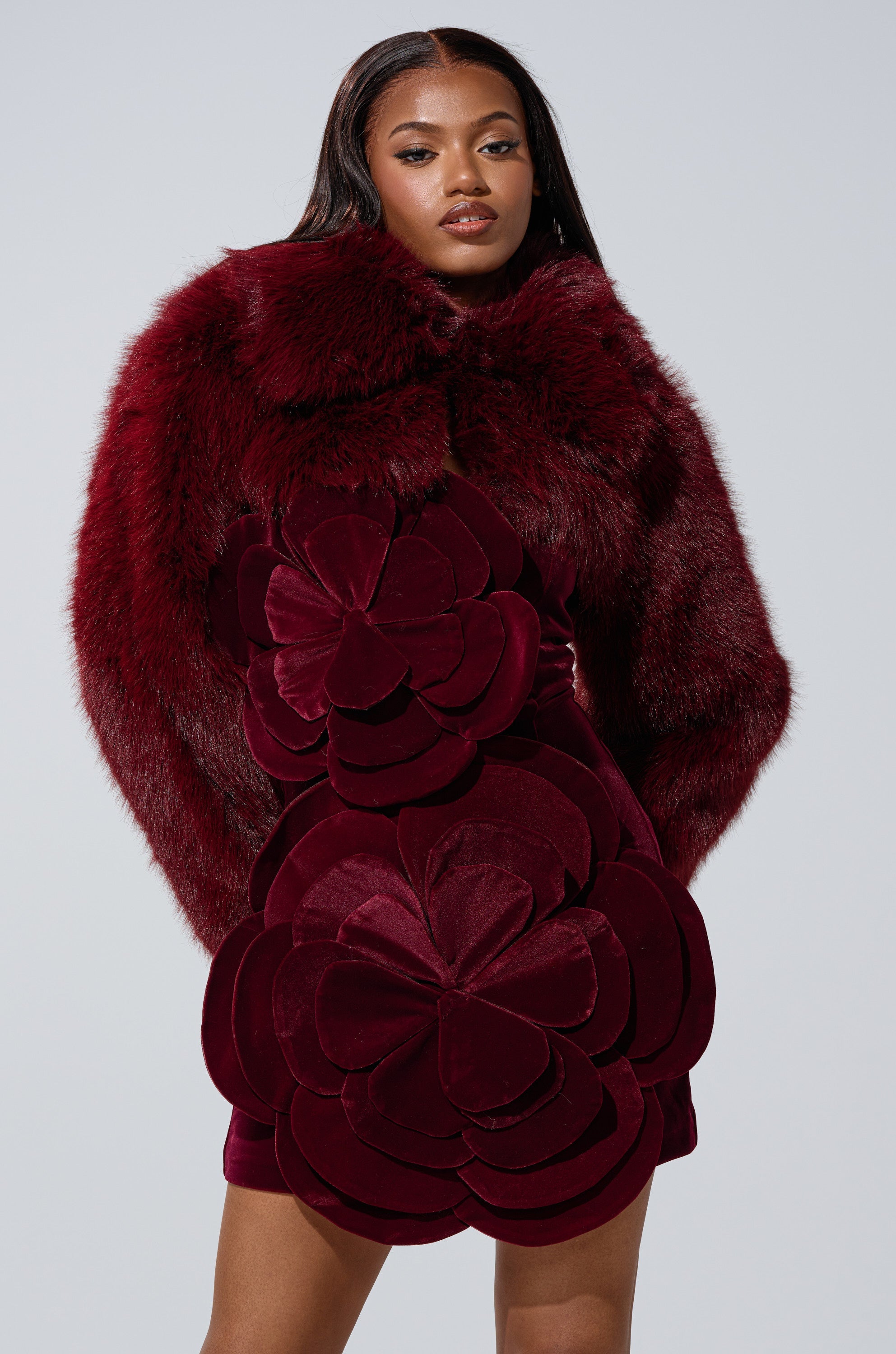 LEILA ULTRA CROP FAUX FUR IN BURGUNDY
