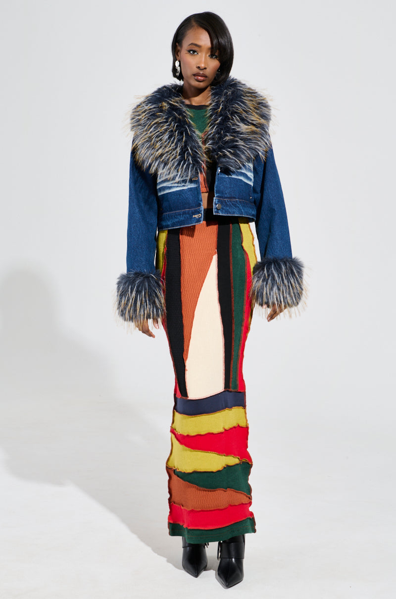 AD ASTRA FUR TRIM JACKET IN DARK BLUE DENIM