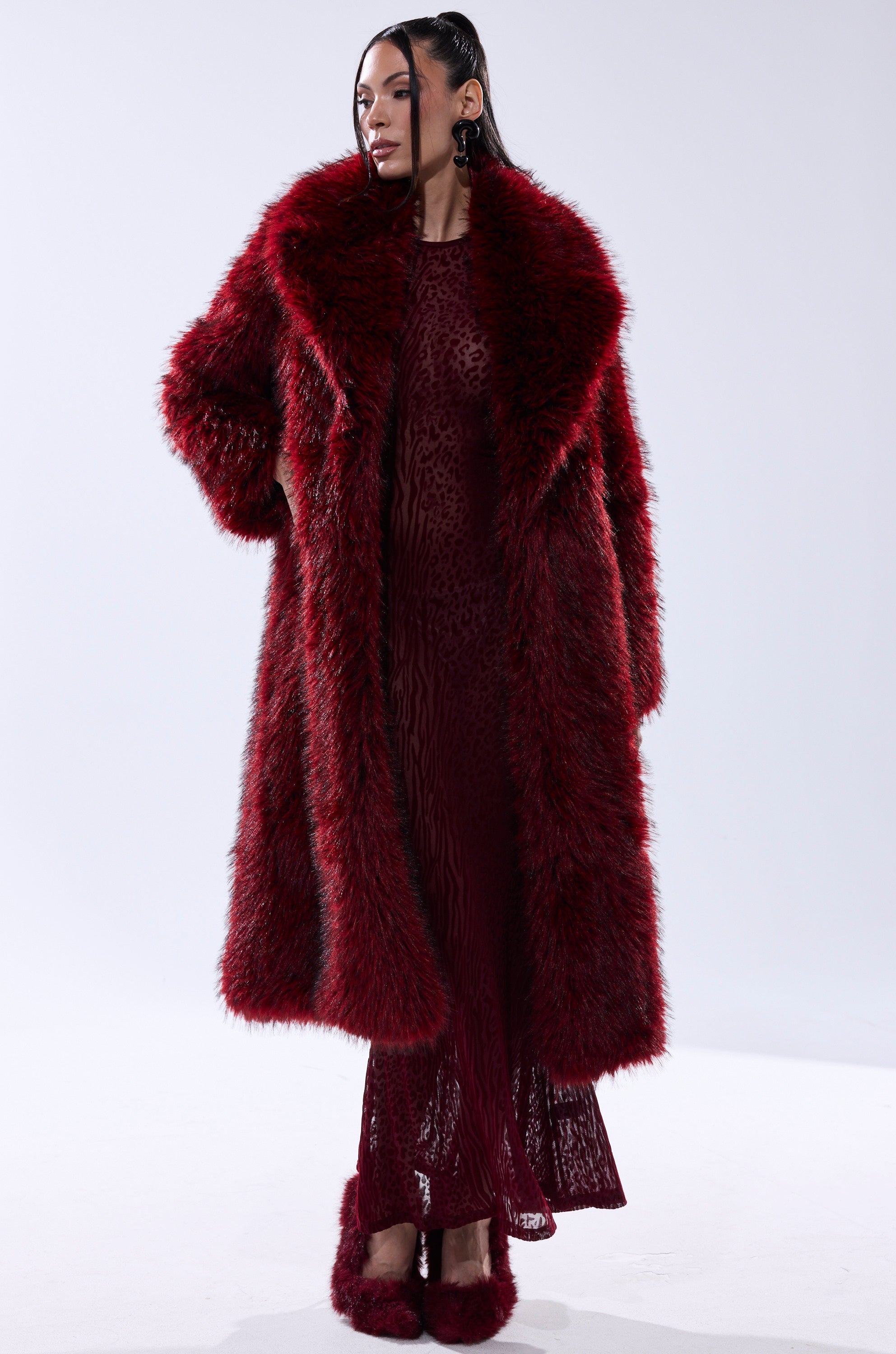OSLO FAUX FUR COAT IN RED MULTI