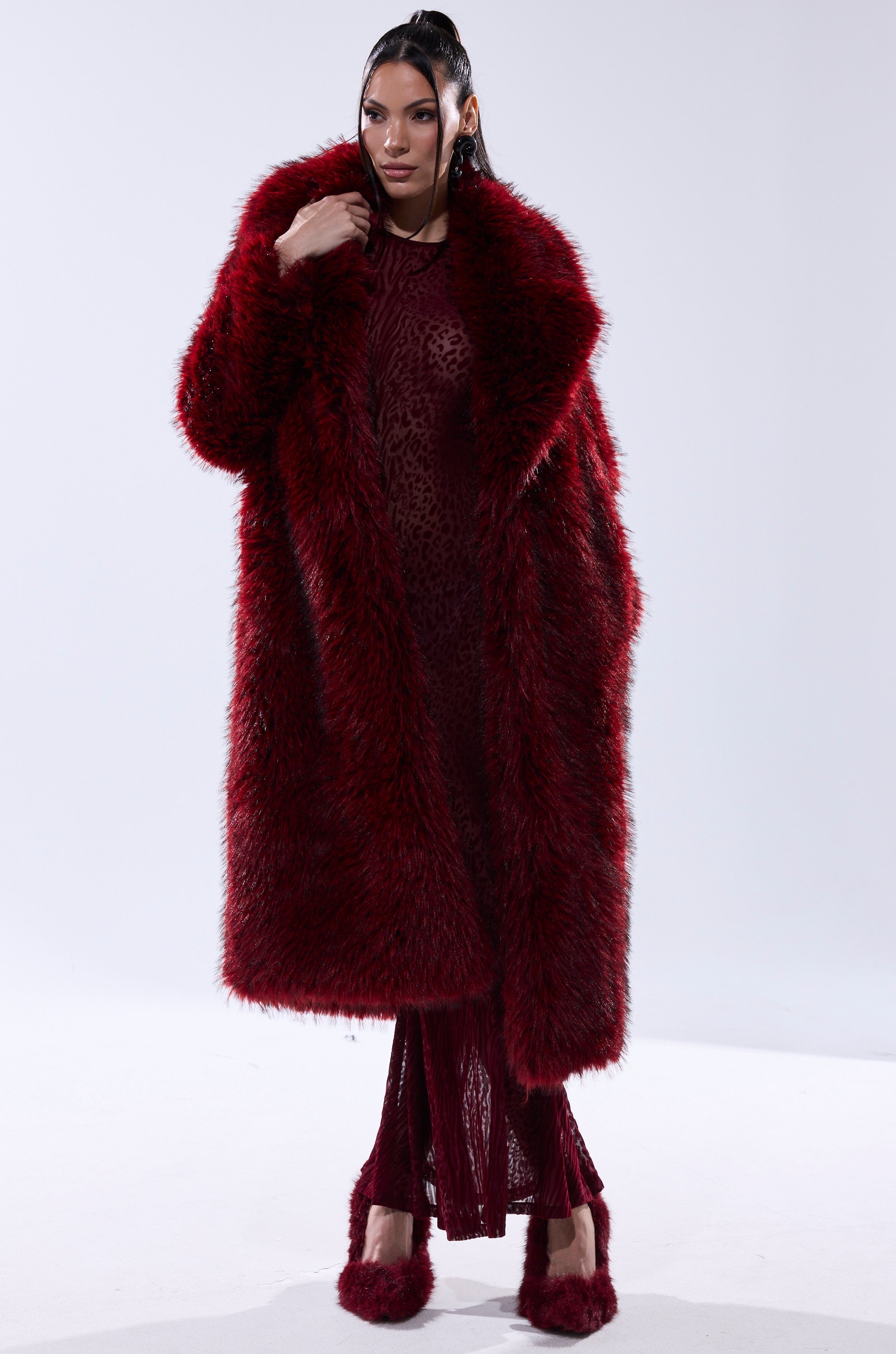 OSLO FAUX FUR COAT IN RED MULTI