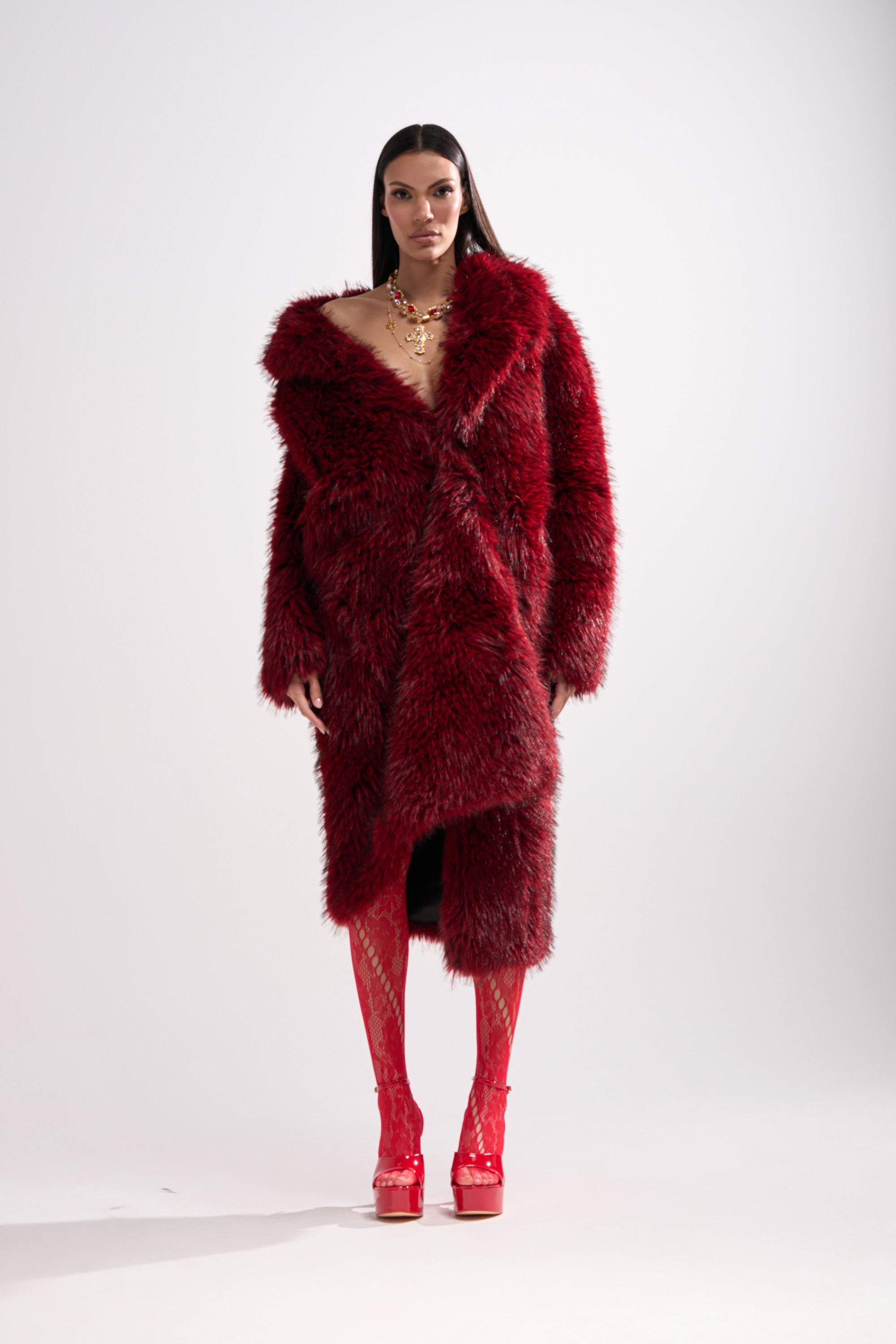 OSLO FAUX FUR COAT IN RED MULTI