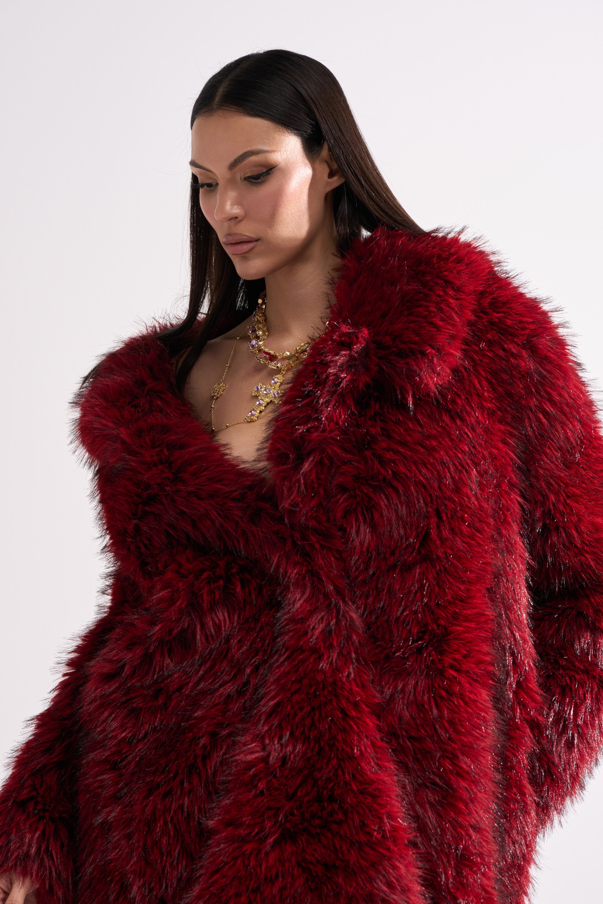 OSLO FAUX FUR COAT IN RED MULTI