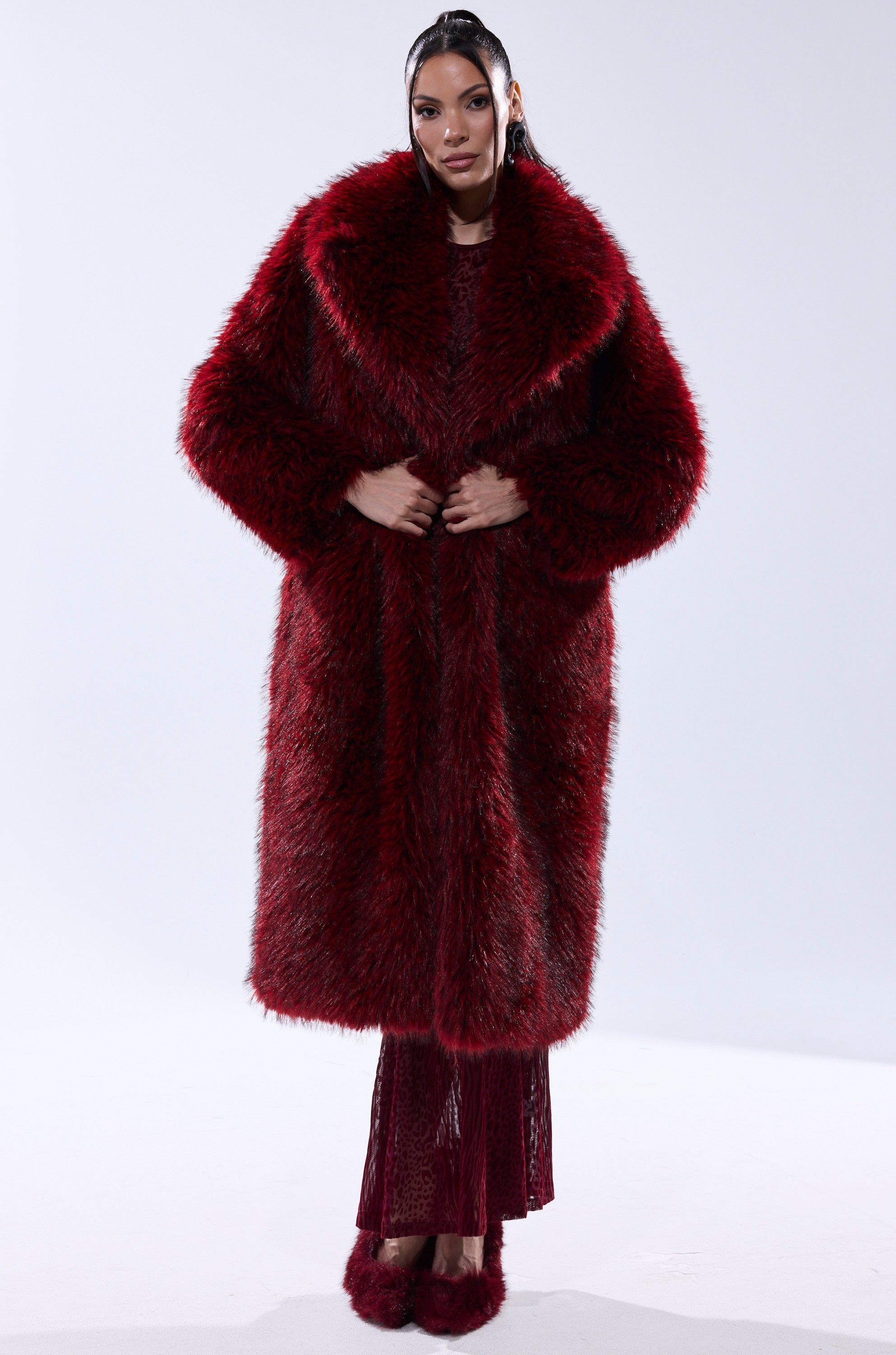 OSLO FAUX FUR COAT IN RED MULTI
