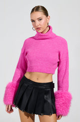 SYDNEY FUR CUFF CROPPED SWEATER IN HOT PINK